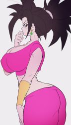 Rule 34 | 1girl, ass, ass focus, black eyes, black hair, bracelet, breasts, butt crack, caulifla, cleavage, closed mouth, dragon ball, dragon ball super, earrings, female pervert, fusion, highres, jewelry, kale (dragon ball), kefla (dragon ball), large breasts, looking at viewer, midriff, muscular, muscular female, naughty face, noblood (ryandomonica), pants, pervert, ponytail, potara earrings, potara fusion, red pants, saiyan, solo, spiked hair, thick thighs, thighs