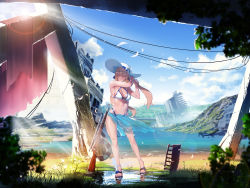 Rule 34 | 1girl, bad id, bad pixiv id, bare arms, bikini, blue bikini, blue nails, blue ribbon, blue sky, blurry, blurry foreground, blush, bolt action, breasts, brown hair, cleavage, closed eyes, cloud, commentary request, day, depth of field, facing viewer, feathers, flower, full body, girls&#039; frontline, gun, hair between eyes, hair ribbon, hair rings, hat, hat flower, hat ribbon, highleg, highleg bikini, highres, ihobus, large breasts, lifebuoy, long hair, m1903 springfield, nail polish, name connection, navel, o-ring, object namesake, official alternate costume, outdoors, power lines, puddle, reflection, ribbon, rifle, ruins, sandals, sarong, scenery, see-through, sidelocks, skindentation, sky, smile, solo, springfield (girls&#039; frontline), springfield (stirring mermaid) (girls&#039; frontline), stomach, sun hat, sunlight, swim ring, swimsuit, tying hair, water, weapon, white bikini, white hat, wide shot, wind