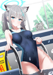 Rule 34 | 1girl, absurdres, animal ear fluff, animal ears, black one-piece swimsuit, blue archive, blue eyes, blush, breasts, cameltoe, competition swimsuit, covered navel, cross hair ornament, doodle sensei (blue archive), extra ears, gluteal fold, grey hair, hair ornament, halo, highres, looking at viewer, medium breasts, medium hair, mismatched pupils, multicolored clothes, multicolored swimsuit, official alternate costume, one-piece swimsuit, otakummm, ponytail, pool, revision, sensei (blue archive), shiroko (blue archive), shiroko (swimsuit) (blue archive), sign, solo, swimsuit, thigh gap, warning sign, wet