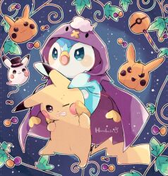 Rule 34 | animal focus, artist name, balloon, bird, blue background, clenched teeth, cloak, colored skin, commentary request, creatures (company), drifloon, game freak, gen 1 pokemon, gen 4 pokemon, halloween, halloween costume, hanabusaoekaki, hat, highres, hood, hooded cloak, jack-o&#039;-lantern, leaf, nintendo, no humans, one eye closed, open mouth, penguin, pikachu, piplup, poke ball symbol, pokemon, pokemon (creature), purple cloak, tail, teeth, top hat, v-shaped eyebrows, yellow skin