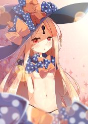 Rule 34 | 1girl, :o, abigail williams (fate), abigail williams (second ascension) (fate), absurdres, black bow, black hat, black panties, blonde hair, blurry, blurry foreground, blush, bow, breasts, commentary request, cowboy shot, depth of field, fate/grand order, fate (series), hat, hat bow, highres, huge filesize, keyhole, long hair, looking at viewer, nan (n nan), navel, orange bow, panties, parted bangs, parted lips, red eyes, small breasts, solo, sparkle background, stuffed animal, stuffed toy, teddy bear, tilted headwear, topless, underwear, very long hair, witch hat