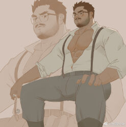 Rule 34 | 1boy, abs, bara, blush, brown hair, collared shirt, denim, facial hair, feet out of frame, from below, glasses, goatee, jeans, large pectorals, long sideburns, male focus, muscular, muscular male, neckbeard, nipples, original, pants, partially unbuttoned, pectoral cleavage, pectorals, projected inset, rouyuan shiqi (ro seventeen), shirt, short hair, sideburns, sleeves rolled up, solo, suspenders, thick eyebrows
