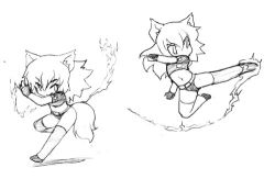 Rule 34 | 1girl, animal ears, camel (dansen), chibi, female focus, fighting stance, kicking, lowres, milia wars, monochrome, original, sachiho, solo, tail, wolf ears, wolf tail