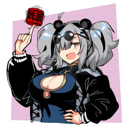 Rule 34 | 1girl, animal ears, arknights, black hair, black jacket, blue dress, blush, breasts, china dress, chinese clothes, cleavage, cleavage cutout, clothing cutout, dress, eyewear on head, fang, feater (arknights), grey hair, hair over one eye, hand on own hip, jacket, large breasts, long sleeves, multicolored hair, open mouth, panda ears, panda girl, simple background, skin fang, solo, streaked hair, tsukinami kousuke, twintails, upper body, wide hips