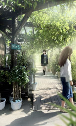 Rule 34 | 2girls, arrow (symbol), black socks, brown hair, kneehighs, long hair, long sleeves, looking away, multiple girls, original, plant, potted plant, sakeharasu, scenery, school uniform, short hair, sign, socks, standing, wide shot