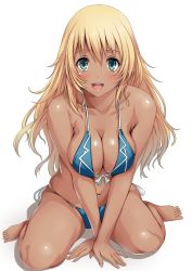 Rule 34 | 10s, 1girl, :d, adapted costume, arm support, atago (kancolle), barefoot, between legs, bikini, blonde hair, blue bikini, blush, breasts, breasts squeezed together, cleavage, collarbone, eyebrows, female focus, front-tie bikini top, front-tie top, full body, green eyes, hand between legs, highres, kantai collection, large breasts, long hair, looking at viewer, navel, open mouth, sakiyamama, side-tie bikini bottom, simple background, sitting, smile, solo, swimsuit, tan, tongue, v arms, wariza, white background