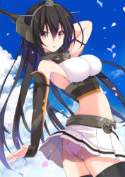 Rule 34 | 10s, 1girl, arm behind head, arm up, ass, bare shoulders, black gloves, black hair, blue sky, breasts, clothes lift, cloud, day, elbow gloves, female focus, fingerless gloves, gloves, headgear, kantai collection, large breasts, long hair, looking at viewer, looking back, midriff, miniskirt, nagato (kancolle), panties, pleated skirt, rainbow, red eyes, sideboob, skirt, skirt lift, sky, solo, takanashi haruto, thighhighs, underwear, white panties, white skirt