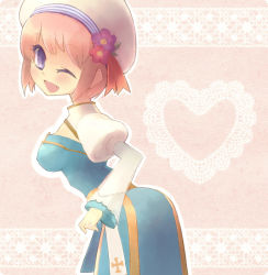 Rule 34 | 1girl, ;d, arch bishop (ragnarok online), aura (a440), blue dress, blush, breasts, cleavage cutout, clothing cutout, commentary request, cowboy shot, dress, fang, flower, hair flower, hair ornament, heart, juliet sleeves, lace, long sleeves, looking at viewer, looking to the side, medium breasts, one eye closed, open mouth, pink hair, puffy sleeves, purple eyes, purple flower, ragnarok online, red flower, short hair, smile, solo, two-tone dress, white dress