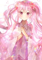 Rule 34 | 1girl, bare shoulders, blush, collared shirt, detached sleeves, dutch angle, flower, frills, hair flower, hair ornament, hatsune miku, highres, leaf hair ornament, light particles, long hair, long sleeves, narami, necktie, own hands together, petals, pink eyes, pink hair, pink necktie, ringed eyes, sakura miku, shirt, simple background, solo, tareme, twintails, upper body, very long hair, vocaloid, white background, white shirt, wide sleeves