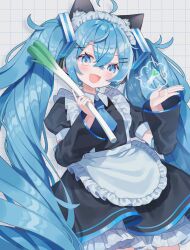 Rule 34 | 1girl, absurdres, alternate costume, apron, back bow, black bow, black dress, black sleeves, blue eyes, blue hair, blush, bow, commentary request, crossed bangs, detached sleeves, dress, enmaided, fang, food, frilled apron, frilled dress, frills, fuinagi (huyuu mm), grid background, hair between eyes, hair ornament, hairclip, hands up, hatsune miku, highres, holding, holding food, long hair, looking at viewer, maid, maid headdress, open mouth, puffy short sleeves, puffy sleeves, short sleeves, simple background, smile, solo, sparkle, speech bubble, spring onion, twintails, twitter username, upper body, very long hair, vocaloid, waist apron, white background, x hair ornament