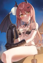 Rule 34 | 1girl, absurdres, arm strap, bare shoulders, bat hair ornament, bikini, black bikini, black gloves, black thighhighs, blush, breasts, brown hair, cleavage, closed mouth, commentary request, demon girl, demon horns, demon tail, demon wings, detached collar, elbow gloves, eyes visible through hair, full moon, gloves, hair between eyes, hair ornament, hair over one eye, heart o-ring, highres, horn ornament, horn ribbon, horns, idolmaster, idolmaster shiny colors, knee up, light, long hair, looking at viewer, medium breasts, moon, night, night sky, osaki tenka, outdoors, own hands together, purple ribbon, ribbon, single thighhigh, sitting, skindentation, sky, smile, solo, strapless, strapless bikini, swimsuit, tail, thighhighs, underboob, wanimaru, wings, yellow eyes