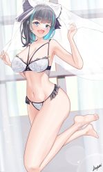 Rule 34 | 1girl, :d, azur lane, bare arms, bare legs, bare shoulders, barefoot, black hair, blue eyes, blue hair, blunt bangs, bra, breasts, cheshire (azur lane), cleavage, commentary request, curtains, fang, groin, highres, indoors, large breasts, lens flare, looking at viewer, medium hair, megumi kei, multicolored hair, navel, open mouth, skin fang, smile, solo, stomach, thighs, underwear, underwear only, white bra, window