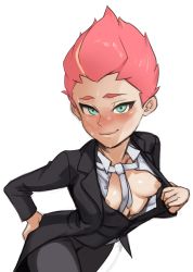 Rule 34 | 1girl, amanda o&#039;neill, breasts, crossdressing, female focus, flashing, formal, green eyes, hand on ass, highres, little witch academia, looking at viewer, multicolored hair, necktie, nipples, orange hair, polyle, red hair, simple background, solo, suit, tailcoat, tomboy, two-tone hair
