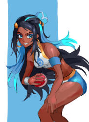 1girl bare_shoulders black_hair blue_eyes blue_hair breasts creatures_(company) dark-skinned_female dark_skin earrings game_freak highres jewelry long_hair nessa_(pokemon) nintendo poke_ball pokemon pokemon_swsh saiykik shorts sleeveless swimsuit