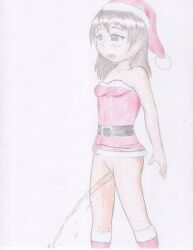 Rule 34 | 1girl, belt, black belt, blush, boots, breasts, brown eyes, brown hair, christmas, cleft of venus, clothes lift, collarbone, dress, dress lift, fur-trimmed boots, fur-trimmed dress, fur-trimmed headwear, fur trim, hat, highres, long hair, looking down, no panties, omocommando, open mouth, peeing, pom pom (clothes), pussy, red dress, red footwear, red headwear, santa costume, santa hat, small breasts, smile, standing, strapless, strapless dress, uncensored, white background