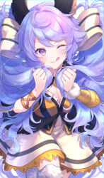 Rule 34 | 1girl, :d, animal ears, breasts, bridal garter, cleavage, commission, dress, elbow gloves, gloves, grabbing own hair, granblue fantasy, highres, kishinaito, large breasts, long hair, one eye closed, open mouth, purple eyes, purple hair, satyr (granblue fantasy), single elbow glove, smile, solo, strapless, strapless dress, twintails, very long hair