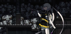 Rule 34 | 1girl, absurdly long hair, black necktie, black shirt, black skirt, black thighhighs, blood, bloody knife, closed mouth, colored blood, commentary, cowboy shot, cuicuijiao, expressionless, grey eyes, grey hair, highres, holding, holding knife, holding neckwear, knife, long hair, midriff peek, necktie, open collar, original, pin, pleated skirt, purple blood, see-through, see-through coat, shirt, short sleeves, single thighhigh, skirt, smiley face, solo, symbol-only commentary, thighhighs, twintails, very long hair