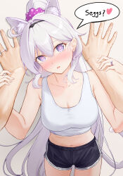 Rule 34 | 1boy, 1girl, absurdres, ahoge, animal ear fluff, animal ears, bare shoulders, black hairband, black shorts, blush, breasts, cat ears, cleavage, collarbone, commentary, cowboy shot, crop top, erit0ri, grey background, hair intakes, hair ornament, hair scrunchie, hairband, hands up, head tilt, heart, highres, honkai (series), honkai impact 3rd, jewelry, kiana kaslana, long hair, looking at viewer, medium breasts, midriff, navel, nose blush, parted lips, ponytail, pov, purple eyes, purple scrunchie, ring, scrunchie, second-party source, short shorts, shorts, simple background, solo focus, speech bubble, stomach, tank top, very long hair, white hair, white tank top