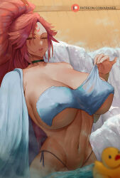 Rule 34 | 1girl, araneesama, baiken, bare shoulders, blush, breasts, choker, cleavage, collarbone, covered erect nipples, facial mark, forehead mark, guilty gear, highres, large breasts, long hair, looking at viewer, navel, one eye closed, parted bangs, pink eyes, pink hair, ponytail, rubber duck, scar, scar across eye, solo, towel