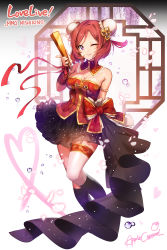Rule 34 | 1girl, apple caramel, armlet, artist name, bare shoulders, black socks, bow, breasts, bun cover, character name, cleavage, copyright name, double bun, flower, folding fan, full body, gold trim, hair bun, hand fan, highres, kneehighs, looking at viewer, love live!, love live! school idol festival, love live! school idol project, medium breasts, nishikino maki, one eye closed, parted lips, petals, purple eyes, red bow, red hair, red ribbon, ribbon, simple background, smile, socks, solo, standing, thigh strap, white background, wisteria