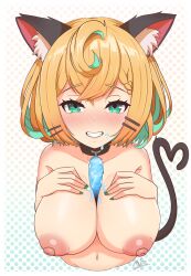 Rule 34 | 1girl, ahoge, animal ears, bare shoulders, bell, blonde hair, blush, braid, breasts, breasts out, breasts squeezed together, cat ears, cat girl, cat tail, cleavage, collar, food, food between breasts, food on face, green eyes, green nails, hair ornament, hairclip, highres, large breasts, looking at viewer, melting, millie parfait, mizmillificent, navel, nijisanji, nijisanji en, nipples, no bra, nude, pale skin, popsicle, sexually suggestive, short hair, signature, simple background, smile, solo, solo focus, tail, topless, upper body, virtual youtuber