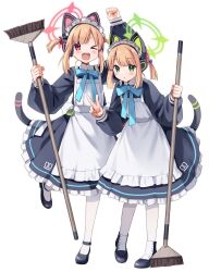 Rule 34 | 2girls, animal ear headphones, animal ears, apron, black dress, black footwear, blonde hair, blue archive, blush, cat tail, dress, eretto, fake animal ears, frilled dress, frills, full body, green eyes, green halo, halo, headphones, highres, holding, long sleeves, maid, maid apron, maid headdress, midori (blue archive), midori (maid) (blue archive), momoi (blue archive), momoi (maid) (blue archive), multiple girls, official alternate costume, one eye closed, open mouth, pantyhose, parted lips, pink halo, puffy long sleeves, puffy sleeves, red eyes, shoes, short hair, siblings, simple background, sisters, smile, tail, twins, white apron, white background, white pantyhose