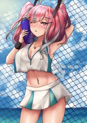 Rule 34 | 1girl, absurdres, arm behind head, arms up, azur lane, blue sky, blush, bottle, bottle to cheek, breasts, bremerton (azur lane), bremerton (scorching-hot training) (azur lane), chain-link fence, cleavage, cloud, collarbone, collared shirt, commentary, cowboy shot, crop top, crop top overhang, day, fence, green skirt, grey hair, groin, hair between eyes, hair intakes, hair ornament, hairclip, heart, heart necklace, highres, horizon, instagram logo, instagram username, jewelry, large breasts, long hair, looking at viewer, midriff, multicolored hair, navel, navel piercing, necklace, no mole, ocean, one eye closed, outdoors, parted lips, piercing, pink eyes, pink hair, pixiv username, shirt, sidelocks, skirt, sky, sleeveless, sleeveless shirt, solo, sportswear, standing, streaked hair, sweat, tennis uniform, tini, twintails, twitter logo, twitter username, two-tone hair, two-tone skirt, water bottle, watermark, white shirt, white skirt, wristband