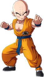 1boy bald bald_male black_eyes dragon_ball_sparking_zero fighting_stance happy kuririn looking_at_viewer muscular muscular_male smile solo tagme