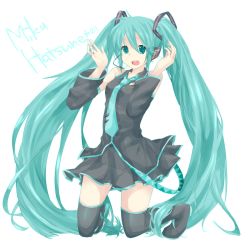 Rule 34 | 1girl, aqua eyes, aqua hair, bad id, bad pixiv id, boots, character name, detached sleeves, female focus, full body, hatsune miku, headset, highres, kneeling, long hair, naru (andante), necktie, simple background, skirt, solo, thigh boots, thighhighs, twintails, very long hair, vocaloid, white background