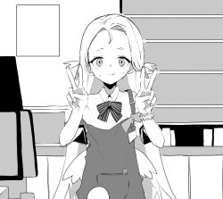 Rule 34 | 1girl, absurdres, apron, blue archive, blush, bow, closed mouth, collared shirt, ddari, double v, female focus, forehead, greyscale, hands up, highres, indoors, long hair, looking at viewer, low wings, mini wings, monochrome, scrunchie, shirt, short eyebrows, short sleeves, solo, sora (blue archive), standing, strap slip, striped, striped bow, sweat, thick eyebrows, two side up, v, very long hair, wings, wrist scrunchie