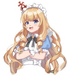 Rule 34 | 1girl, absurdres, artist name, as4gi, azur lane, blonde hair, blue eyes, blush, crossed arms, crown, drill hair, drill sidelocks, gloves, highres, long hair, looking at viewer, maid, maid headdress, neck ribbon, official alternate costume, open mouth, queen elizabeth (azur lane), queen elizabeth (yes your maidness!) (azur lane), ribbon, sidelocks, smile, solo focus, upper body, white background, white gloves