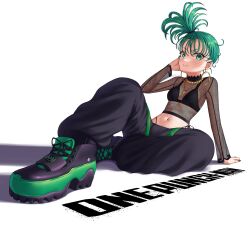 Rule 34 | 1girl, bead necklace, beads, bra, copyright name, earrings, green eyes, green hair, highres, hoop earrings, jewelry, looking at viewer, medium hair, navel, necklace, one-punch man, pietrosatou, punk, see-through, see-through shirt, shoes, sneakers, solo, tatsumaki, underwear