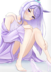 Rule 34 | 1girl, alternate costume, bare legs, commentary request, hair ornament, horse girl, long hair, looking at viewer, mejiro mcqueen (umamusume), mu-to, purple eyes, purple hair, shoes, simple background, sitting, solo, umamusume, white background