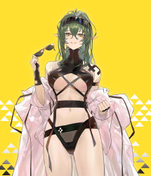 Rule 34 | 1girl, arknights, bare shoulders, black gloves, breasts, brown eyes, commentary, cowboy shot, unworn eyewear, gavial (arknights), gloves, green hair, grin, hair between eyes, hand up, highres, holding, holding removed eyewear, koio, long hair, long sleeves, looking at viewer, medium breasts, midriff, navel, off shoulder, official alternate costume, open clothes, open shirt, pointy ears, shirt, simple background, sleeveless, smile, solo, standing, stomach, sunglasses, thighs, underboob, white shirt, yellow background