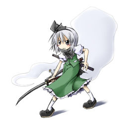 Rule 34 | 1girl, black eyes, bow, bowtie, clenched teeth, female focus, fighting stance, hitodama, holding, holding sword, holding weapon, konpaku youmu, konpaku youmu (ghost), mogito, scabbard, serious, sheath, sheathed, short hair, short sleeves, silver hair, simple background, solo, standing, sword, teeth, touhou, vest, weapon, white background