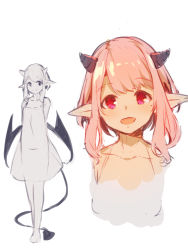 Rule 34 | 1girl, :d, bare shoulders, blush, commentary request, cropped torso, demon girl, demon horns, demon tail, demon wings, dress, horns, looking at viewer, mole, mole under eye, multiple views, open mouth, original, pink hair, pointy ears, purple eyes, see-through silhouette, simple background, sketch, sleeveless, sleeveless dress, smile, tail, white background, white dress, wings, yuuji (yukimimi)