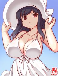 Rule 34 | 1girl, alternate costume, artist logo, black hair, blue background, breasts, commentary request, cowboy shot, dated, dress, gradient background, hat, holding, holding clothes, holding hat, kanon (kurogane knights), kantai collection, large breasts, medium hair, one-hour drawing challenge, red eyes, simple background, solo, sun hat, sundress, white background, white dress, white hat, yamashiro (kancolle)