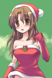 Rule 34 | 00s, 1girl, bare shoulders, blush, brown eyes, brown hair, chany, christmas, dress, elbow gloves, gloves, hat, hayate no gotoku!, lowres, maria (hayate no gotoku!), red gloves, santa costume, santa hat, solo, strapless, strapless dress