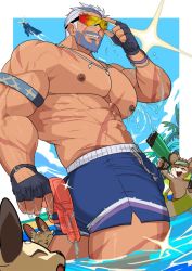 Rule 34 | 1boy, abs, absol (dkqthf), adjusting eyewear, animal request, armband, ass, bara, beach, beard, biceps, black gloves, blue hair, blue male swimwear, blue swim trunks, bracelet, bulge, closed eyes, cloud, cloudy sky, drawstring, facial hair, fingerless gloves, flying, gloves, gluteal fold, gun, hand on eyewear, jewelry, large pectorals, looking at viewer, male focus, male swimwear, manly, mature male, mouse (animal), multicolored hair, muscular, muscular male, necklace, nipples, original, outdoors, palm tree, pectorals, scar, scar on arm, scar on chest, scar on face, scared, short hair, sky, smile, spiked hair, sunglasses, swim trunks, swimsuit, teeth, thick arms, thick eyebrows, thick thighs, thighs, tongue, tree, water, water drop, water gun, weapon, white hair