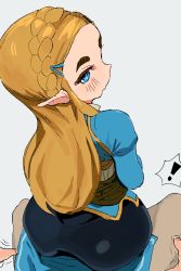 Rule 34 | !, absurdres, ass, black legwear, blonde hair, blue eyes, blue tunic, blush, braid, forehead, hair ornament, hairclip, highres, juliet sleeves, long hair, long sleeves, nintendo, oekaki, orange hair, pantyhose, pointy ears, princess zelda, puffy sleeves, sidelocks, sitting, sitting on lap, sitting on person, spoken exclamation mark, the legend of zelda, the legend of zelda: breath of the wild, thick eyebrows, tunic, white background, whoopsatro