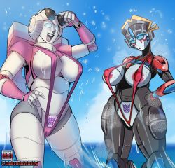 Rule 34 | 2girls, arcee, areola slip, breasts, cameltoe, eyewear lift, hand on own hip, highres, humanoid robot, large breasts, multiple girls, open mouth, pubic tattoo, robot, robot girl, slingshot swimsuit, sunglasses, swimsuit, tattoo, transformers, water, wet, windblade (transformers), zestysauce