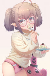 Rule 34 | 1girl, ahoge, bespectacled, blush, cake, cowboy shot, dotted background, eating, fang, food, fork, glasses, grey hair, highres, holding, holding fork, holding plate, jewelry, lace, lace-trimmed panties, lace trim, long sleeves, looking at viewer, makaino ririmu, medium hair, multicolored hair, nail polish, necklace, nijisanji, no pants, open mouth, panties, pink panties, plate, pointy ears, red eyes, red hair, ribbon panties, round eyewear, sabamen, sidelocks, skin fang, solo, streaked hair, stuffed animal, stuffed rabbit, stuffed toy, sweater, twintails, underwear, virtual youtuber