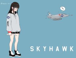 Rule 34 | 1girl, a-4 skyhawk, aircraft, airplane, artist name, atamonica, black hair, blue eyes, blunt bangs, blush, commentary, dated, english commentary, fighter jet, grey hoodie, highres, holding, holding wrench, hood, hoodie, jet, korean commentary, light smile, long hair, looking at viewer, military, military vehicle, mixed-language commentary, original, sidelocks, solo, syringe, thought bubble, united states navy, wrench