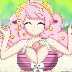 Rule 34 | bikini, breasts, closed eyes, happy, large breasts, moa (show by rock!!), paizuri, paizuri under clothes, pink hair, show by rock!!, swimsuit