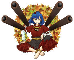 Rule 34 | 1girl, alternate eye color, amida murasaki, anklet, arm rest, autumn leaves, barefoot, black skirt, blue hair, breasts, feet, female focus, full body, hand on own thigh, jewelry, large breasts, layered clothes, layered skirt, layered sleeves, leaf print, leg up, long skirt, long sleeves, looking at viewer, mirror, onbashira, pinecone, red shirt, red skirt, rope, shimenawa, shirt, short hair, short over long sleeves, short sleeves, simple background, sitting, skirt, smirk, solo, touhou, white background, white shirt, yasaka kanako, yellow eyes