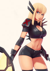 Rule 34 | 1girl, absurdres, belt, black gloves, black thighhighs, blonde hair, blue eyes, breasts, cleavage, commentary, commission, dual wielding, gloves, highres, holding, illyana rasputina, lips, long hair, looking at viewer, looking to the side, marvel, medium breasts, midriff, navel, parted lips, raichiyo33, short shorts, shorts, shoulder pads, simple background, solo, sword, thighhighs, thighs, weapon, x-men, yellow background