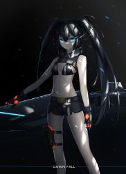 Rule 34 | 1girl, absurdres, bikini, bikini top only, black hair, black rock shooter, black rock shooter: dawn fall, black rock shooter (character), blue eyes, gloves, highres, long hair, shorts, solo, standing, swimsuit, tokyo (1421), twintails, very long hair