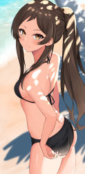 Rule 34 | 1girl, adjusting clothes, adjusting swimsuit, alternate hairstyle, arched back, asato (fadeless), ass, back, bare arms, bare shoulders, beach, bikini, black bikini, blurry, blurry background, blush, breasts, brown eyes, brown hair, closed mouth, commentary request, cowboy shot, dappled sunlight, day, fingernails, from above, from behind, halterneck, highres, idolmaster, idolmaster million live!, kitazawa shiho, light blush, long hair, looking at viewer, looking to the side, looking up, medium breasts, outdoors, parted bangs, ponytail, shadow, shoulder blades, sideboob, sidelocks, solo, standing, string bikini, sunlight, swimsuit, tree, water