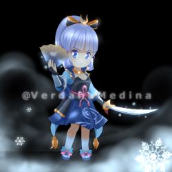 Rule 34 | absurdres, arm guards, armor, armored dress, ayaka (genshin impact), black background, blue hair, breastplate, chibi, clenched teeth, genshin impact, hand fan, highres, holding, holding sword, holding weapon, japanese armor, jewelry, light blue hair, neck ring, ponytail, ribbon, snowflakes, solo, sword, teeth, twitter username, weapon