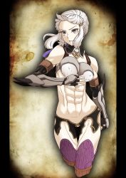 Rule 34 | 1girl, abs, armor, breasts, elbow gloves, fate/grand order, fate (series), fingerless gloves, gloves, grey eyes, grey hair, highres, muscular, muscular female, penthesilea (fate), short hair, shorts, thighhighs